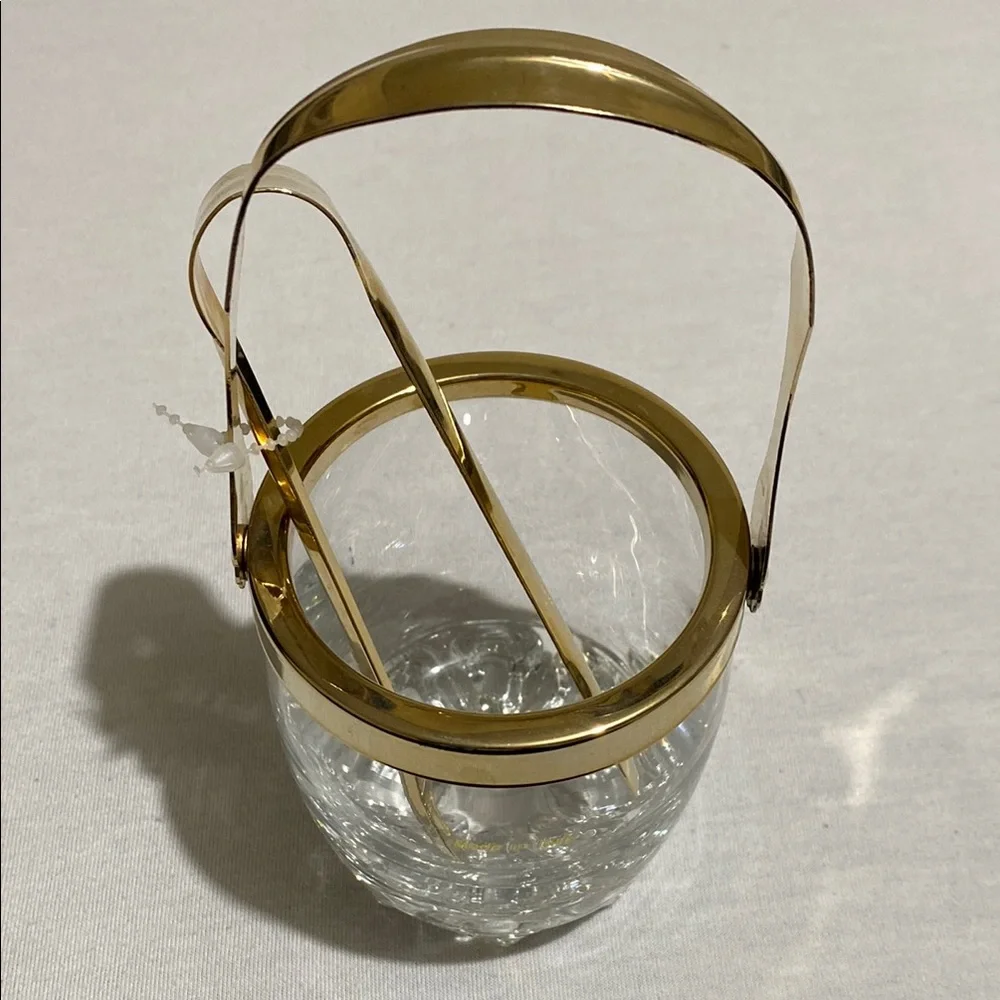 Small Crystal Ice Bucket  with Gold Color Metal Trim and  Ice Tong Made in Italy - Picture 7 of 10